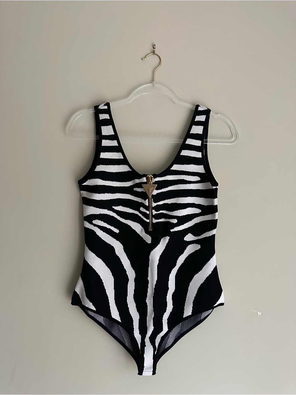 NWOT Balmain Black and White Zebra-Print One-Piece with Gold Zip Detail